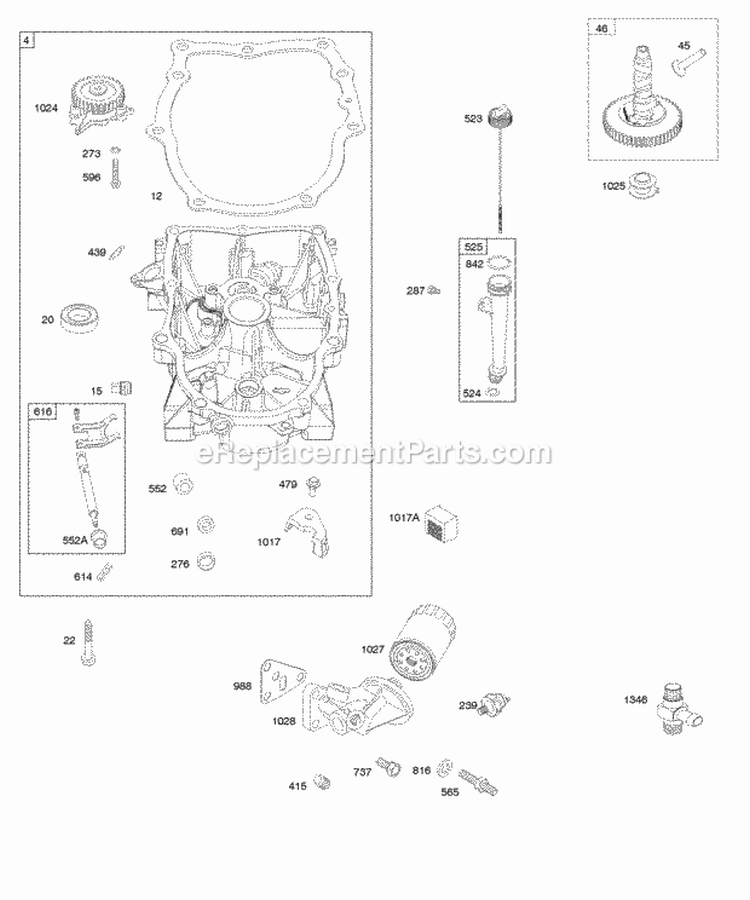 Engine Sump Camshaft Oil Filter Dipstick Tube Diagram and Parts List for 305777-0113-E1  Briggs and Stratton Engine